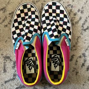 pink blue and yellow checkered vans